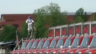 Motorcycle stuntman Robbie Knievel jumps 24 trucks at Kings Island [upl. by Buhler]