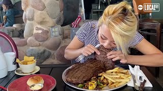 Raina Huang takes on massive 72oz steak challenge  Bite Size [upl. by Gnuj]