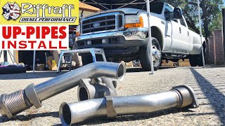 2001 F350 73  RiffRaff UpPipes Install  Stock up pipes leaking and falling apart JUNK SP [upl. by Schriever]