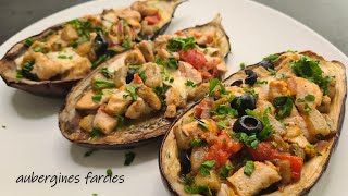 Très bonne recette daubergines farcies au poulet mozzarella et légumes [upl. by Rawdin324]