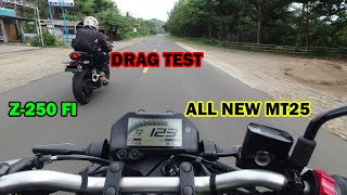 DRAG TEST  TOP SPEED YAMAHA MT25 VS KAWASKI Z250 [upl. by Sukramal]